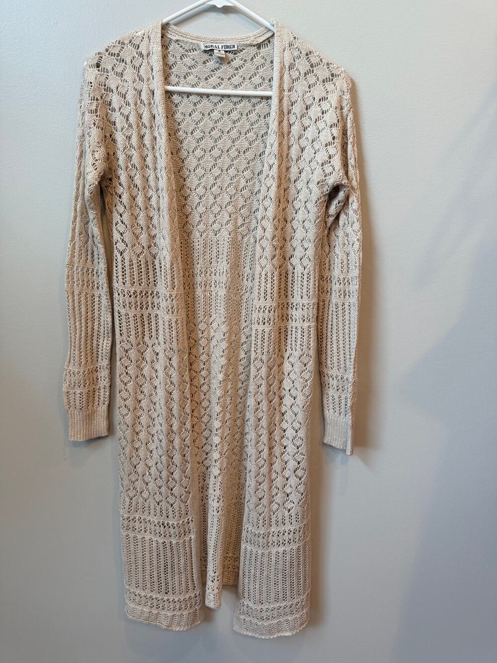Moral Fiber Cream Open Knit Duster Cardigan Sweater Long Boho Crochet Small